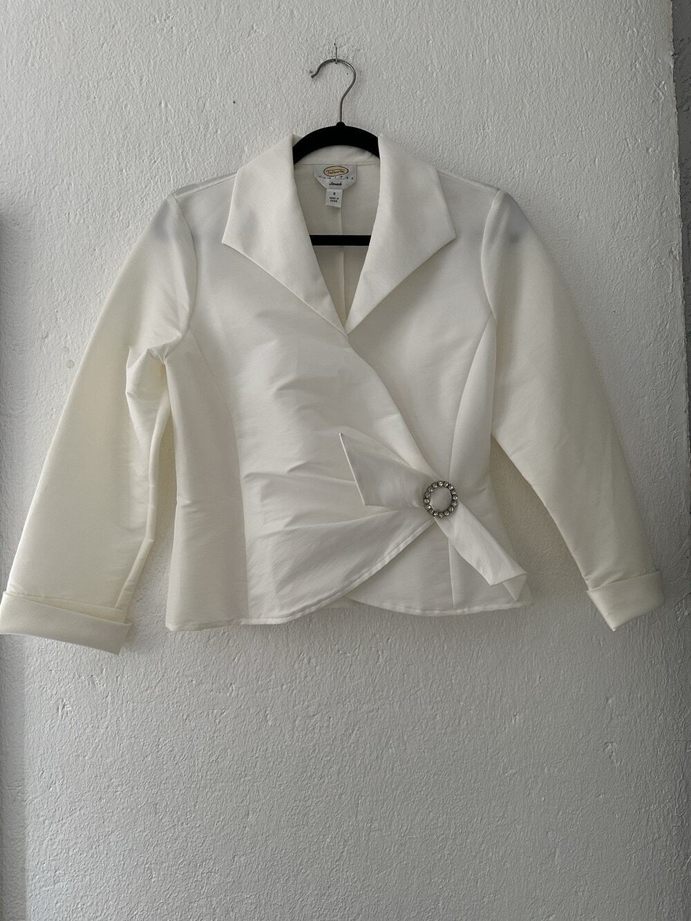 Vtg Talbots Petites Wrap Blouse Sz 8 Cream Rhinestone Stretch Zip Party Formal
